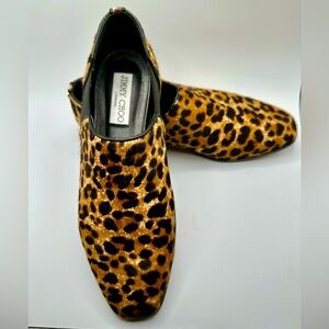 JIMMY CHOO Ponyhair Leopard Print Loafers booties heeled size 7.5